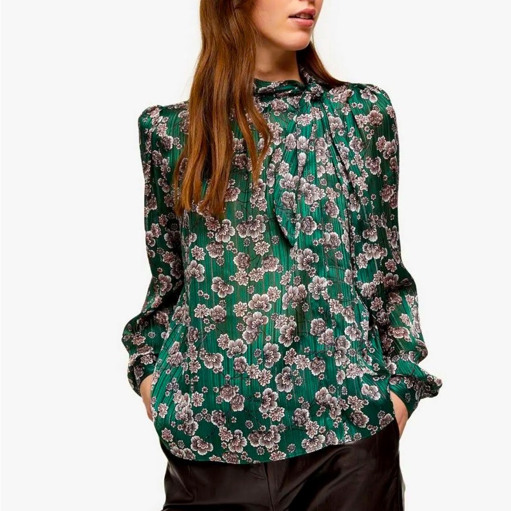 Topshop Floral Sheer Bow-Neck Blouse
